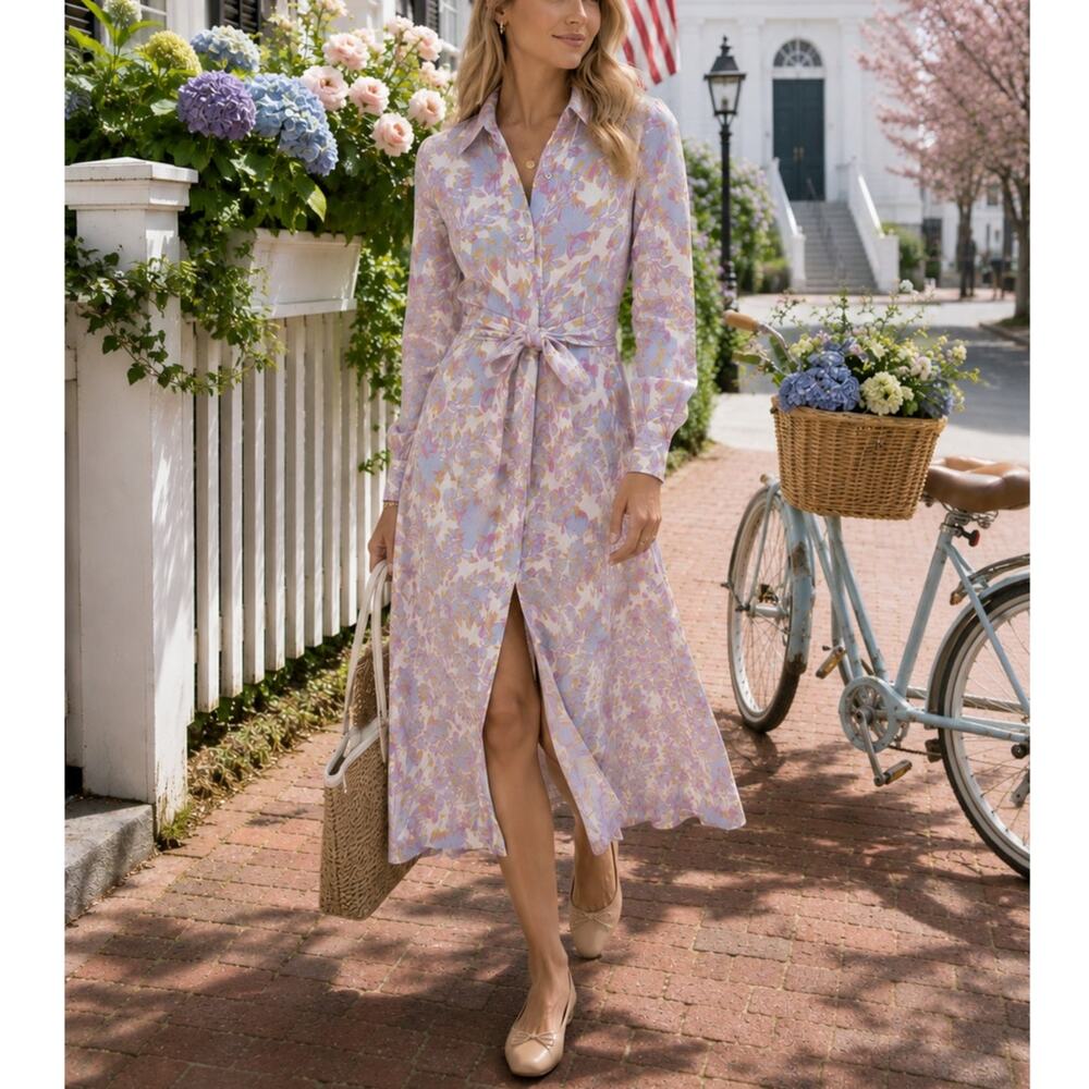 Rebecca Vallance Fleur Floral Midi Shirt Dress Tie Waist Pastel size US 2